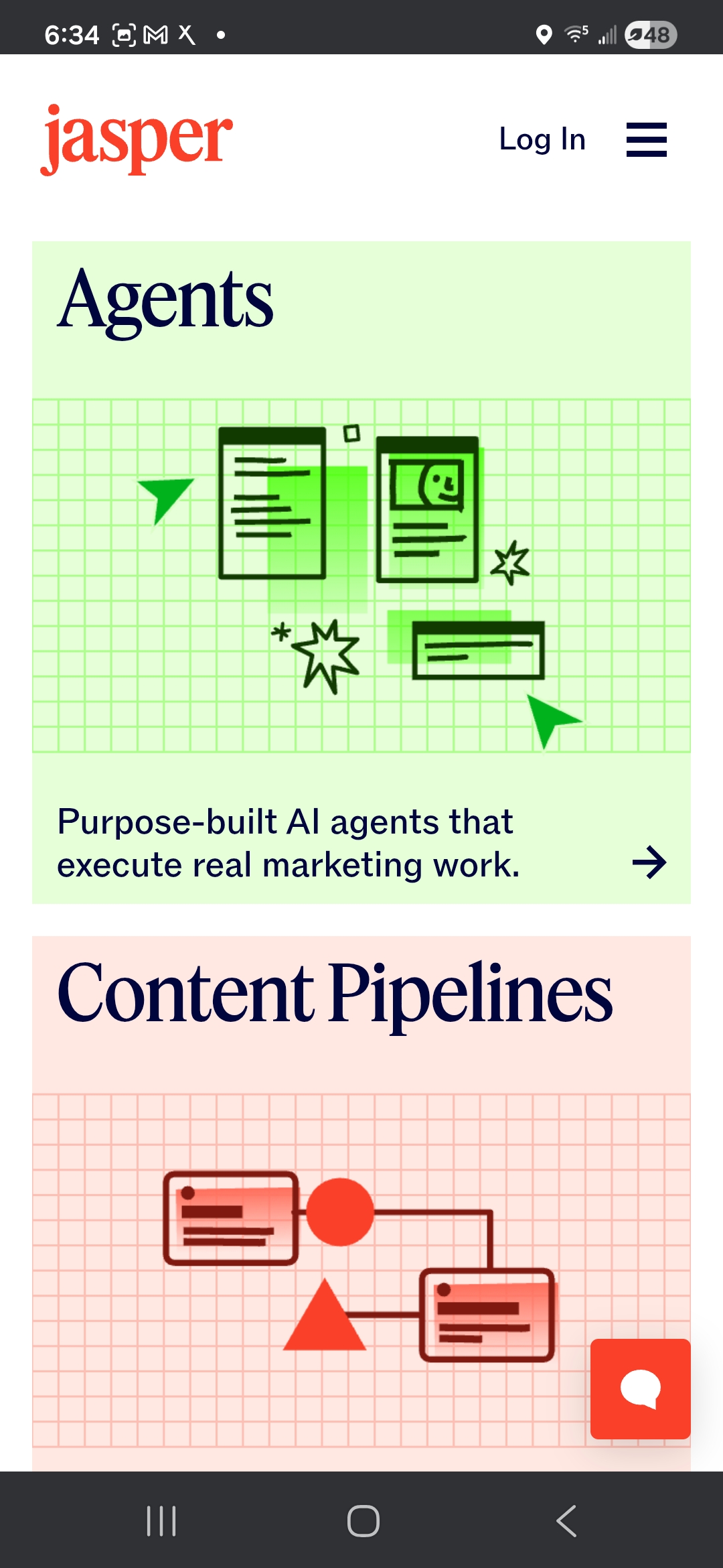 Jasper mobile — Agents page, column-collapsed scroll