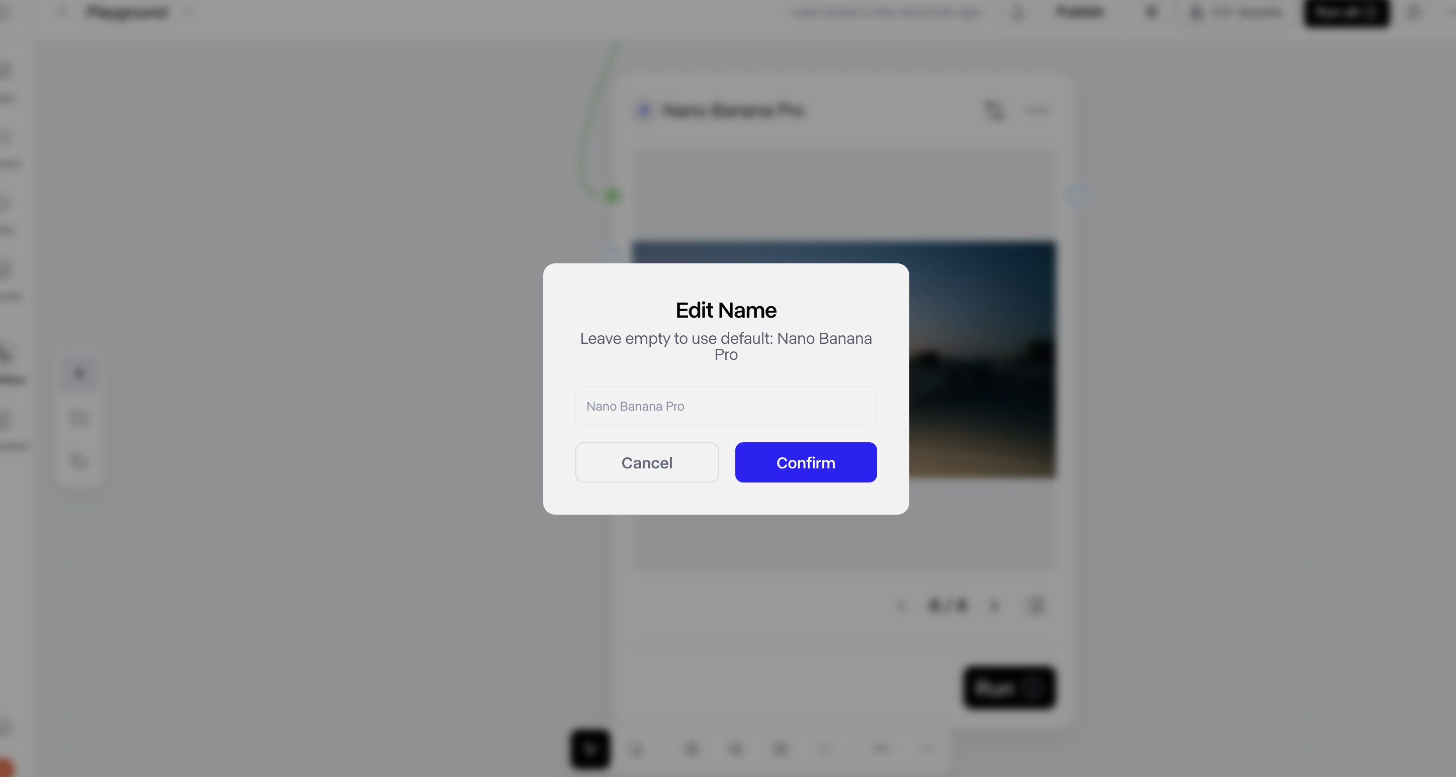 Runway Edit Name modal with a text input and a saturated-blue Confirm button next to a cream Cancel button