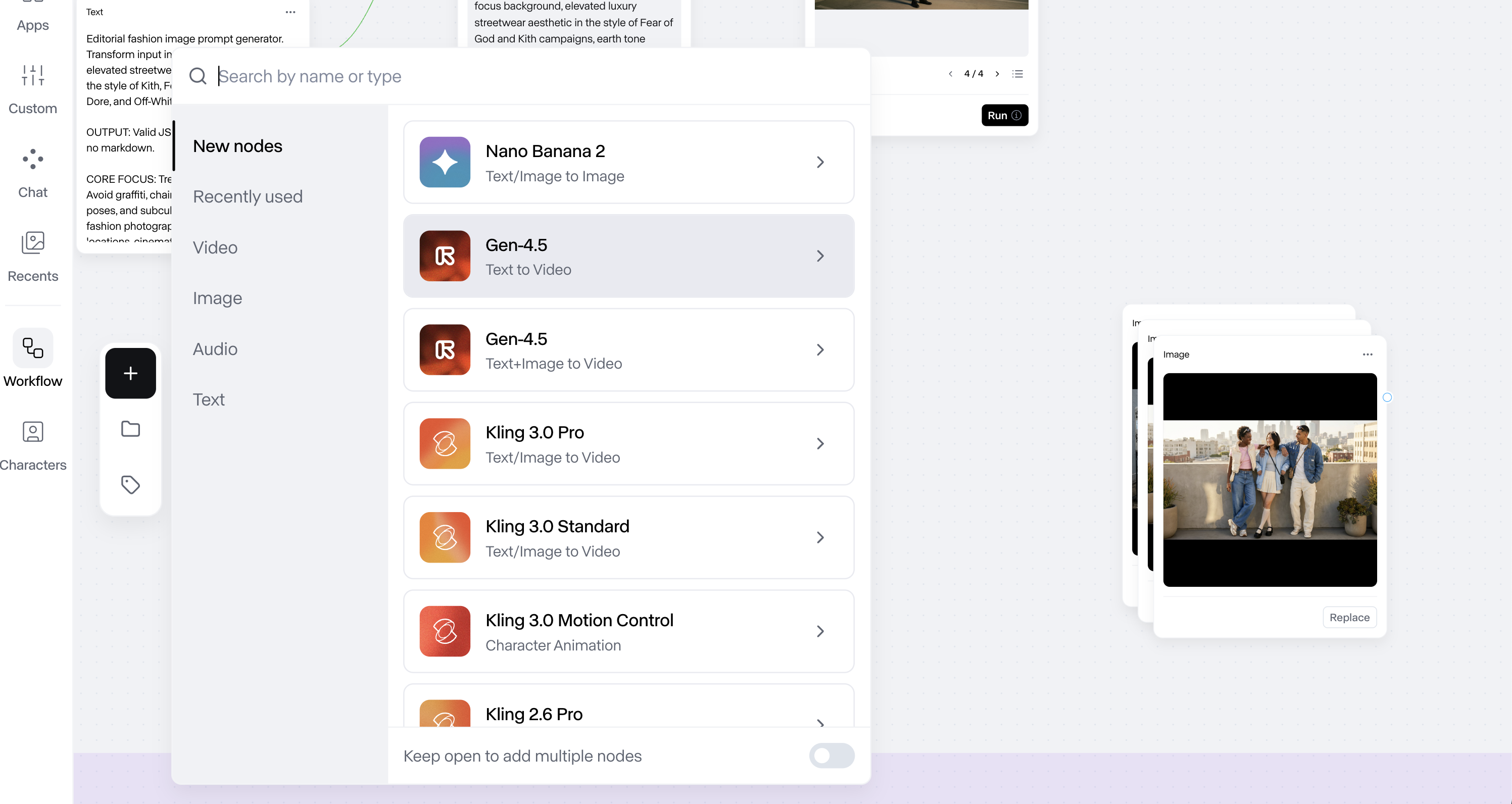 Side-by-side comparison of Runway’s plus-icon node browser (rich, categorized, searchable) and the swap-node browser (flatter list of compatible nodes) (light palette)