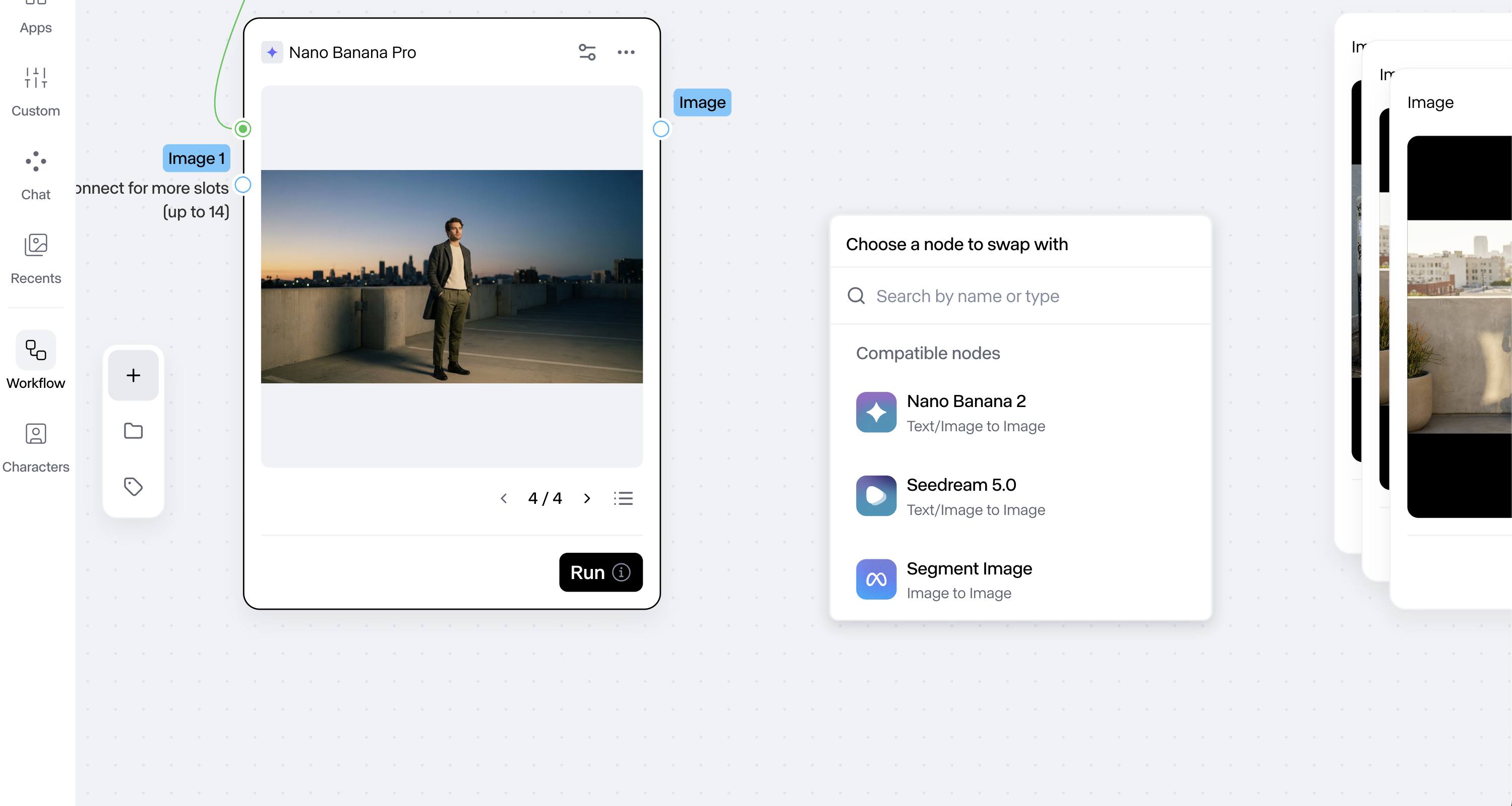 Side-by-side comparison of Runway’s plus-icon node browser (rich, categorized, searchable) and the swap-node browser (flatter list of compatible nodes) (dark palette)