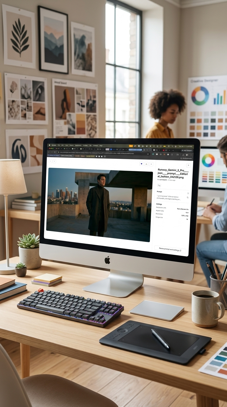 A designer’s workstation with the Runway app open on an iMac, surrounded by a creative mood board of art prints and color swatches.